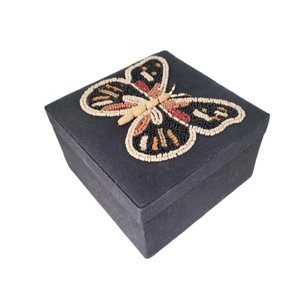 Beaded Butterfly Boho Hippy Jewelry Trinket Box with Mirror New - Picture 4 of 5